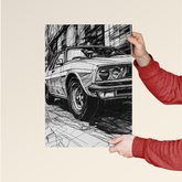 Mustang GT line art poster by Dripster showing detailed black and white sketch of classic car design